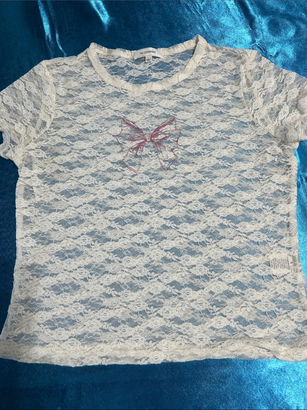 No Comment Girls' White Lace Short-Sleeve Tee with Pink Bow